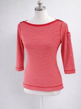 Ralph Lauren  Pink White Striped Boat Neck Top Button Shoulder 3/4 Sleeve  M